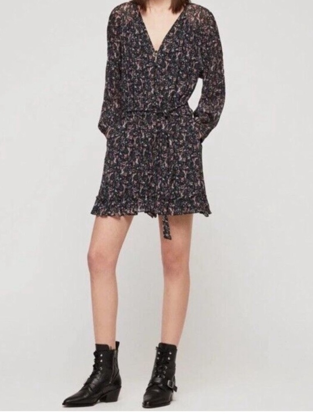 AllSaints Kaylee Stretch Floral Romper V-neck Long Sleeves Viscose size 4 - Picture 2 of 8
